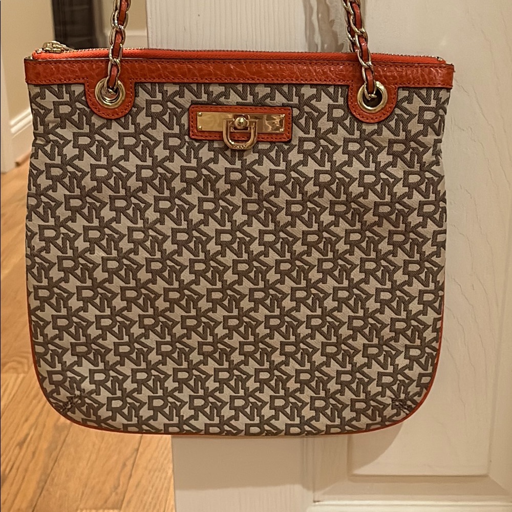 DKNY Brown and Orange Shoulder Bag with Geometric Pattern